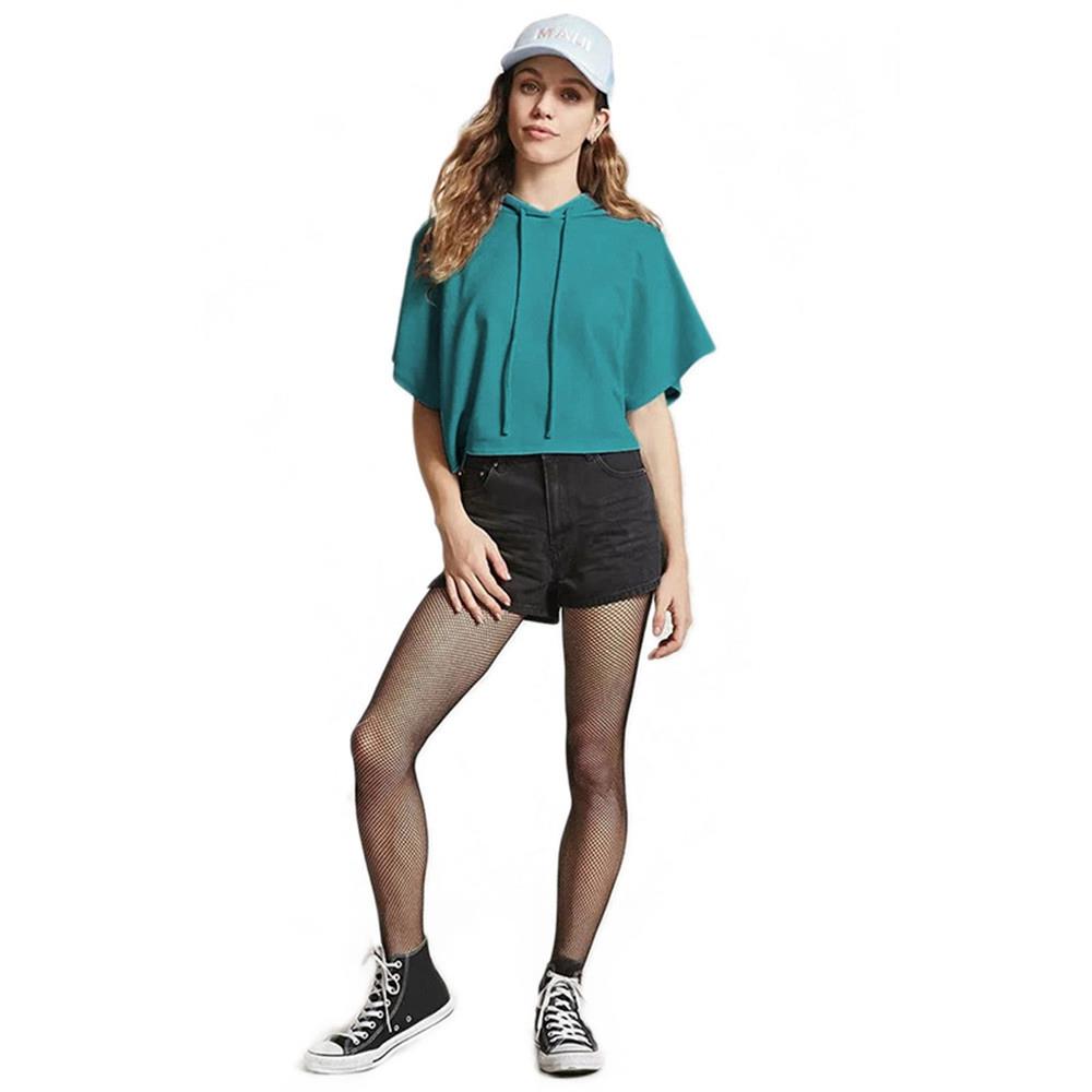 Girl Summer T-shirt Short Sleeve Sexy Hat Short Top Hoodies Size M - Lake Blue