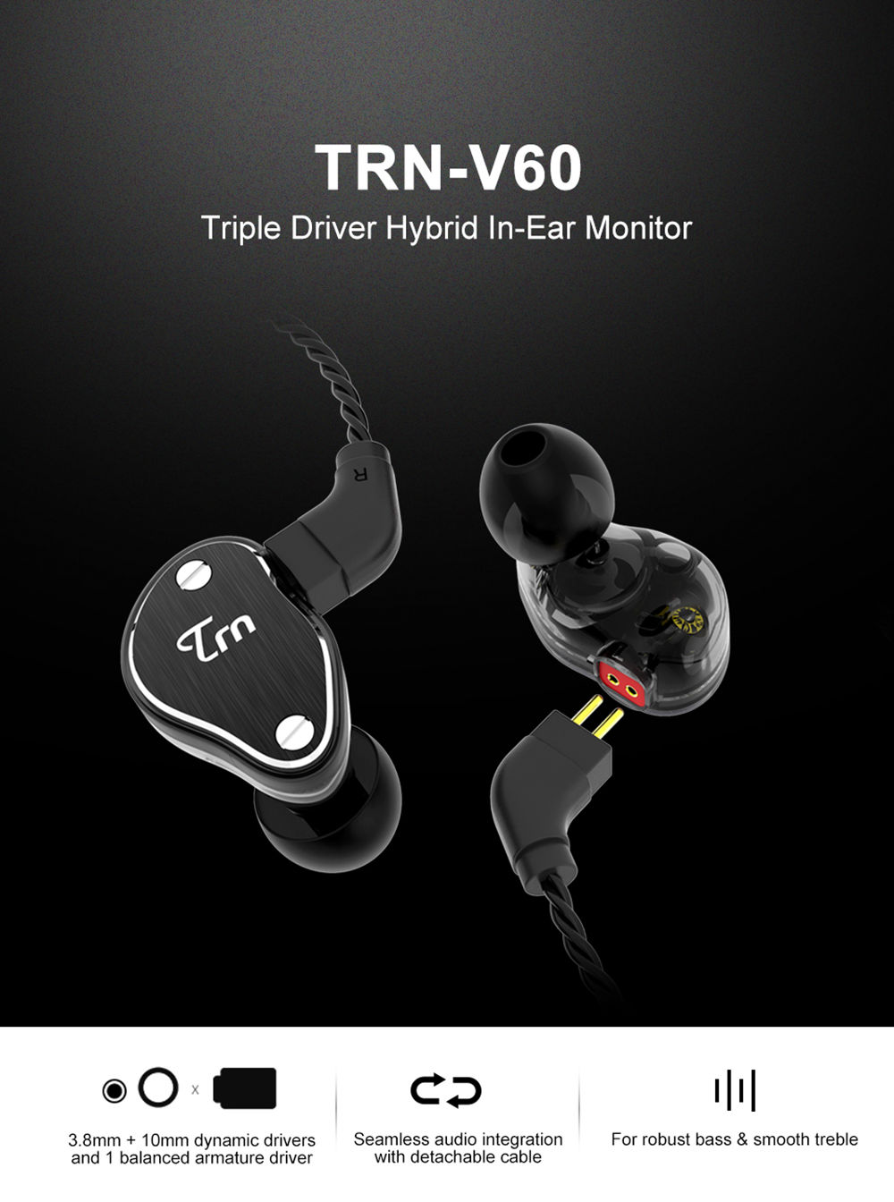TRN V60 2DD+BA Hybrid In-ear Sports Earphone HIFI Triple Driver Monitor Headset with 2PIN Cable - Red