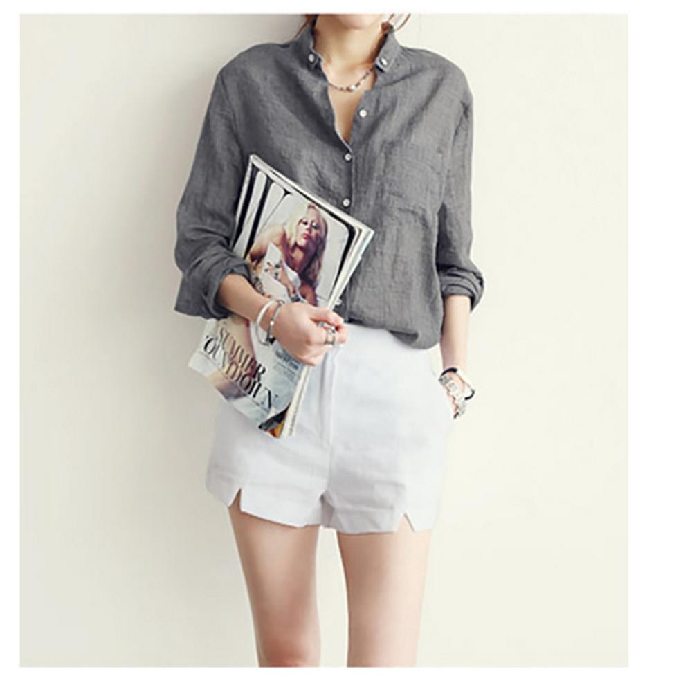 New Fashion Women Cotton Long Sleeved Solid Casual Loose Shirt Size M - Gray