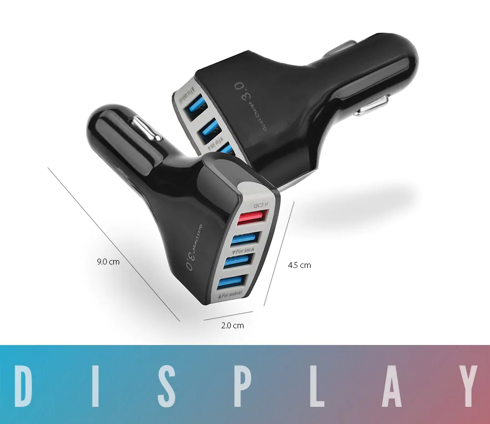 Atongm LZ-KC08 QC3.0 Car Charger 4 USB Ports Built-in Intelligent Chip For Iphone / Samsung / Xiaomi / Huawei / Tablets - Black