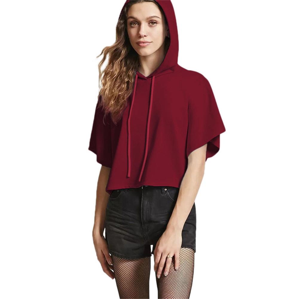 Girl Summer T-shirt Short Sleeve Sexy Hat Short Top Hoodies Size L - Dark Red