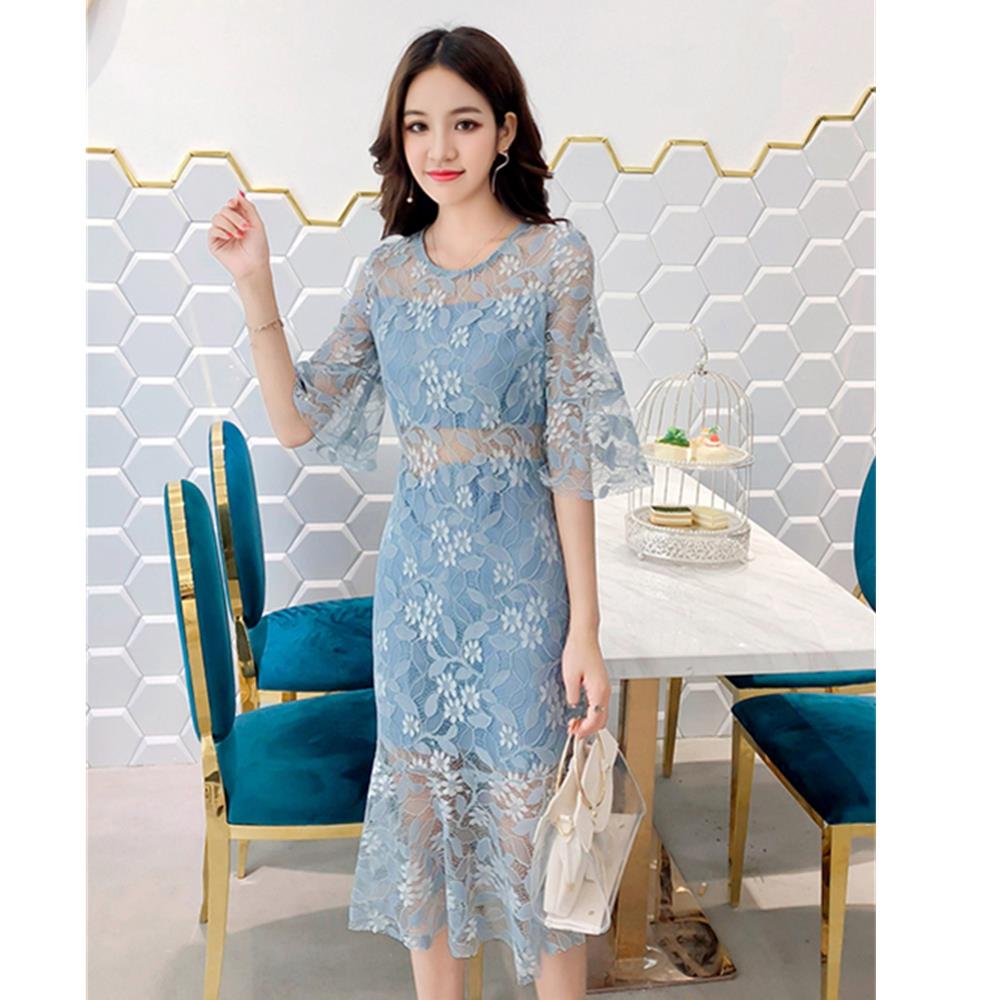 Women sexy Flare Sleeves Lace Sweet Bodycon Club Party Cocktail Dress Fishtail Skirt Size L - Blue+Gray