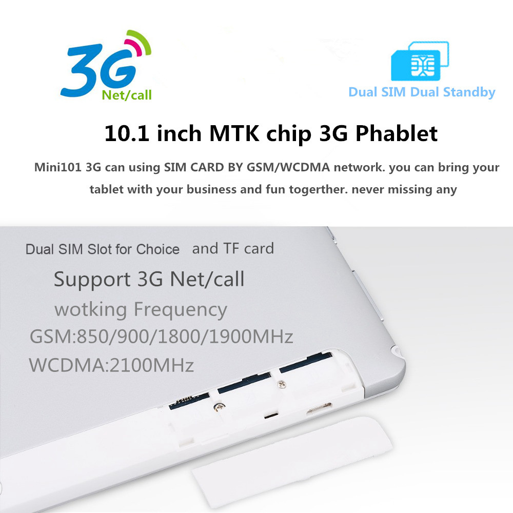 Binai Mini101 3G Phablet MTK6580 Deca Core 10.1" IPS Screen 1280*800 GPS 2GB DDR3 32GB eMMC Android 6.0 Dual SIM Dual Standby - Silver