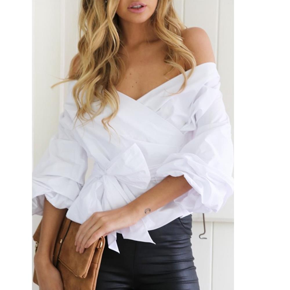 Women Sexy Strapless V-neck Cross Straps Blouse Shirt Women Summer Autumn Clothing Size M - White