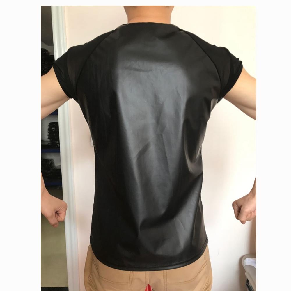 Men's Fashion Sexy Matte PU T-Shirt Nightclub Stage Costume Size L - Black