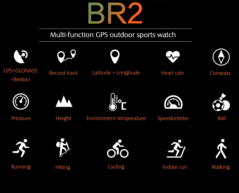 Makibes BR2 Smartwatch 1.32" Outdoor Screen Built-in GPS GLONASS Beidou Hiking Heart Rate Monitor Multi-sport fitness Tracker - Black