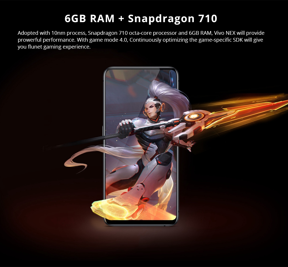 Vivo Nex 6.59 Inch 4G LTE Smartphone In-Display Fingerprint Ultra FullView Screen Snapdragon 710 6GB 128GB 12.0MP+5.0MP Dual Rear Cameras Android 8.1 Type-C Touch ID Fast Charge - Black