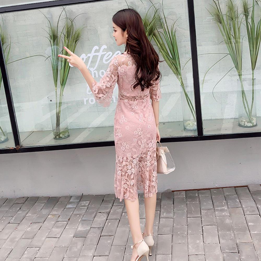 Women sexy Flare Sleeves Lace Sweet Bodycon Club Party Cocktail Dress Fishtail Skirt Size XL - Pink