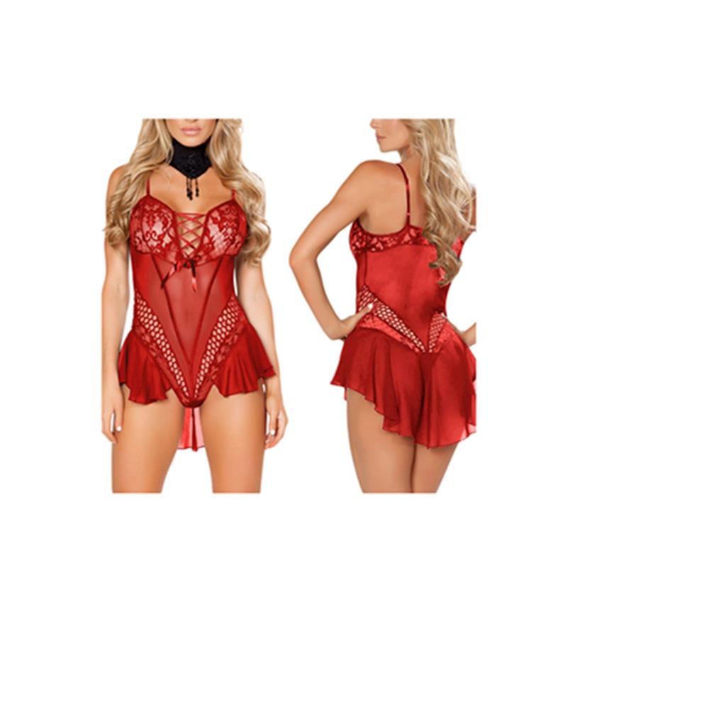 Women Sexy Fashion Lingerie Sexy Underwear Pajamas Pleated Skirt Lace Nightdress Size M-Red