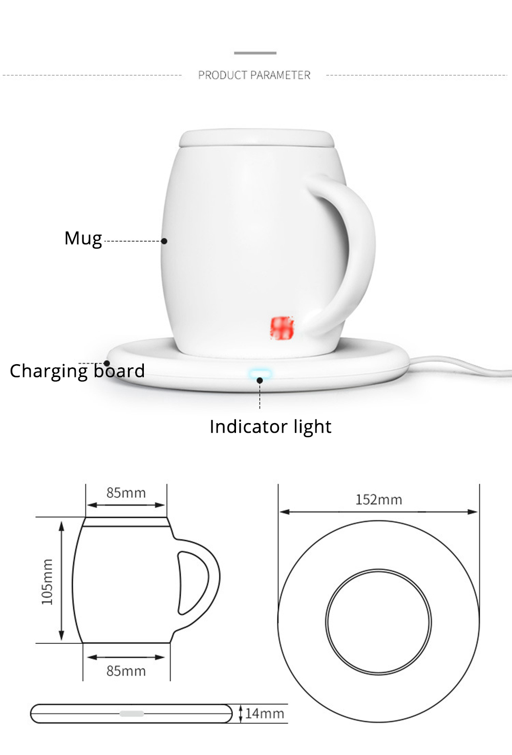 MGeek-MK1 Intelligent Thermos Cup With Charging Board 55-degree Wireless Charging Water Cup Ceramic Mug - White
