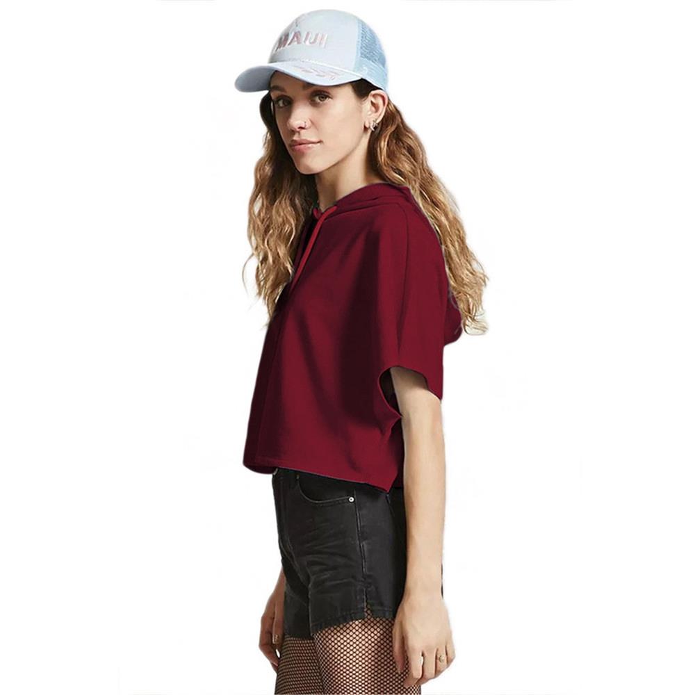 Girl Summer T-shirt Short Sleeve Sexy Hat Short Top Hoodies Size S - Dark Red