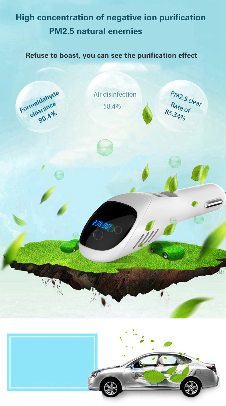 S90B Car Anion Air Purifier Dual USB Ports Car Charger LCD Real-time Voltage Screen Cleaner Ionizer Improve The Air Quality - White