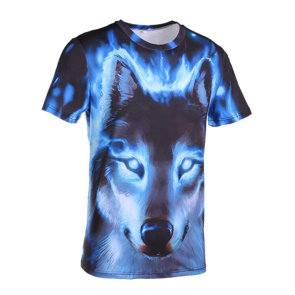 3D Printed Wolf Pattern Hip Hop Rock Men's Unisex Short Sleeve O-neck T-shirt Size XL - Blue