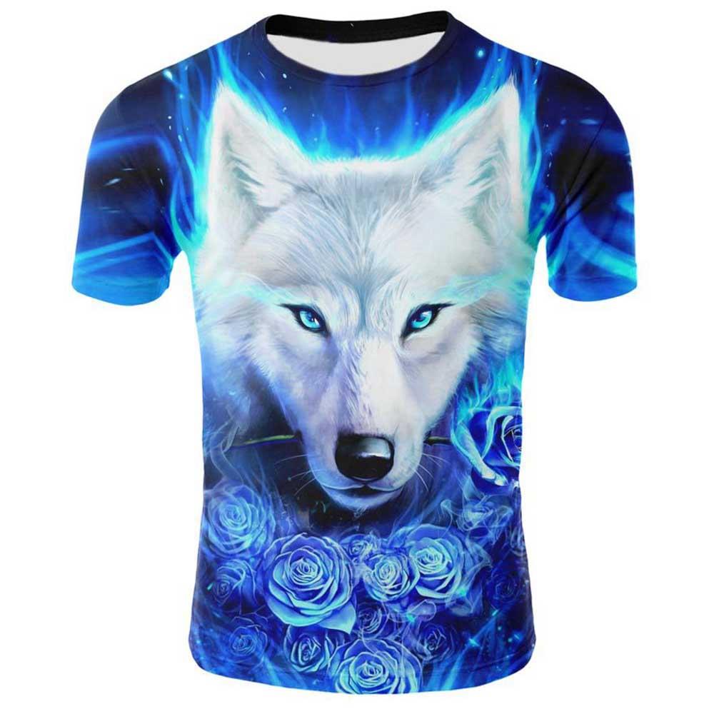 3D Digital Printed Space Rose Wolf Pattern Men's Summer Unisex Short Sleeve T-shirt Size 3XL - Blue
