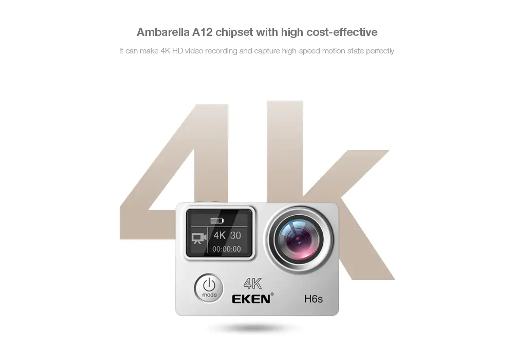 Original EKEN H6s Sports Action Camera EIS Anti-shake 4K WiFi 170 Degree Wide Angle Fisheye Lens HD OLED Dual Screen - Black