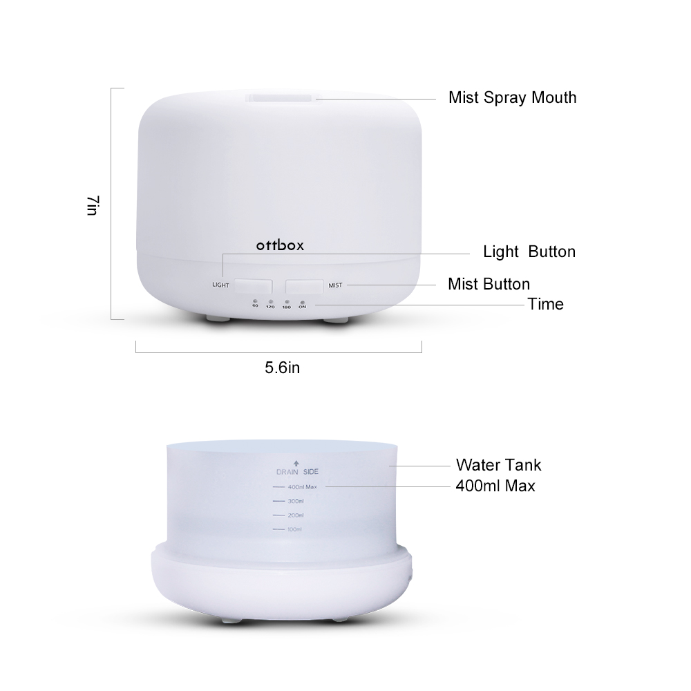 OTTBOX Multi-function Essential Oil Diffuser 400ml Waterless Auto Off 7 LED Lights Table Lamp for Children Home Yoga Office - White