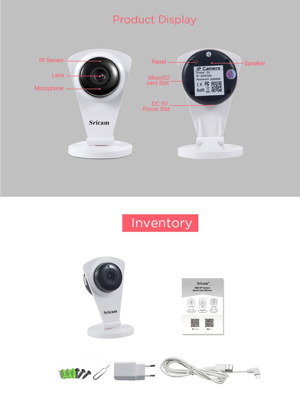 Sricam SP009C 720P Mini Wifi IP Camera with Onvif Infrared Night Vision IR-CUT Two-way audio Camera - White EU Plug