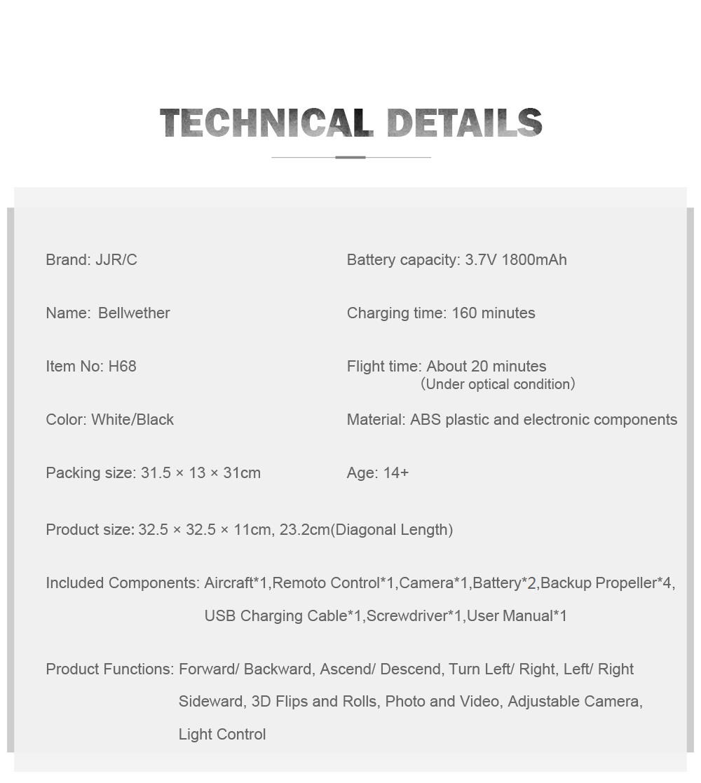 JJRC H68 BELLWETHER WiFi FPV RC Drone Max Flight Time 20mins with 720P HD Camera Altitude Hold Mode Black - Two Battery