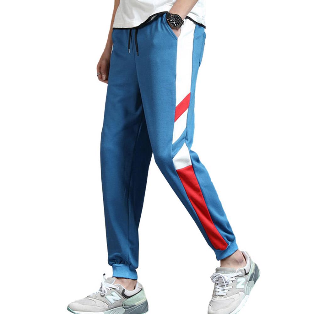 Men's Fashion Casual Loose Chemical Fiber Cotton Striped Comfortable Ankle Banded Pants Size XXL - Blue