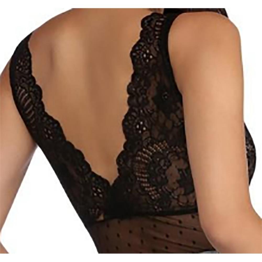 Black Scalloped Deep V Neck Lace Bodysuit LC32226-2 Size S - Black