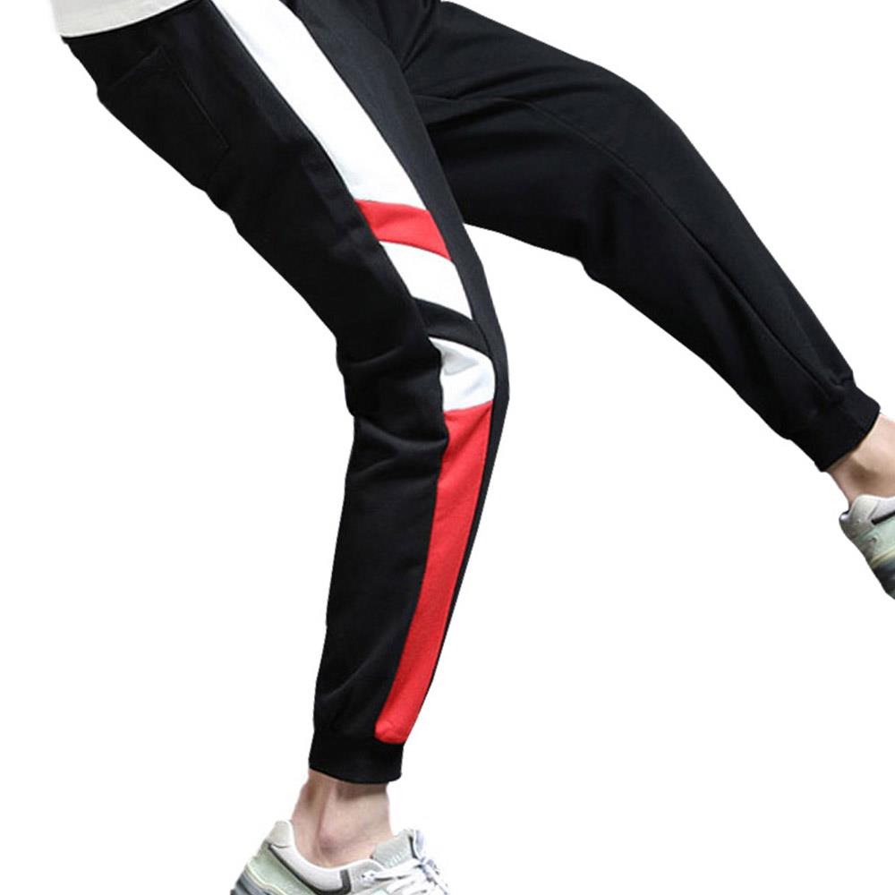 Men's Fashion Casual Loose Chemical Fiber Cotton Striped Comfortable Ankle Banded Pants Size M - Black