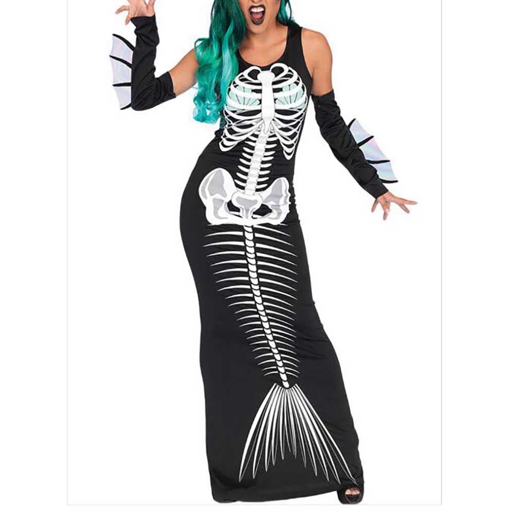 Women Halloween Adult Mermaid Print Skull Shape Dress + Hair hoop + Glove Three-piece Set Size L - Black