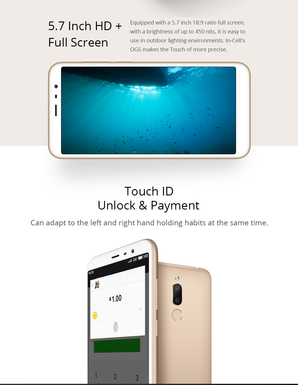 Meizu 6T 5.7 Inch 4G LTE Smartphone MTK6750 4GB 32GB 13.0MP+2.0MP Dual Rear Cameras Flyme 6 Full Screen Touch ID Infrared - Black