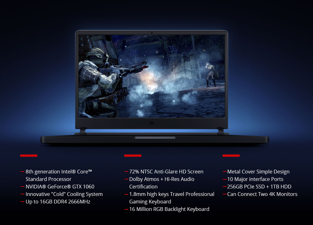 Xiaomi Mi Gaming Laptop Intel Core i7-8750H Hexa Core 15.6" 72% NTSC FHD Screen 1920*1080 GeForce® GTX1060 6GB DDR5 16GB DDR4 256GB SSD 1TB HDD - Deep Gray