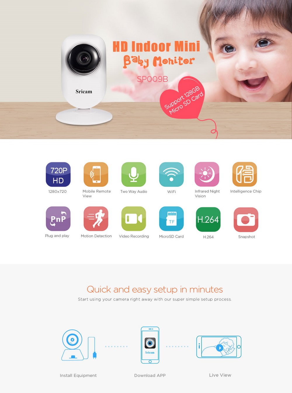 Sricam SP009B 720P Network Infrared Wireless IP Camera H.264 WiFi Night Vision Motion Detection - White US Plug