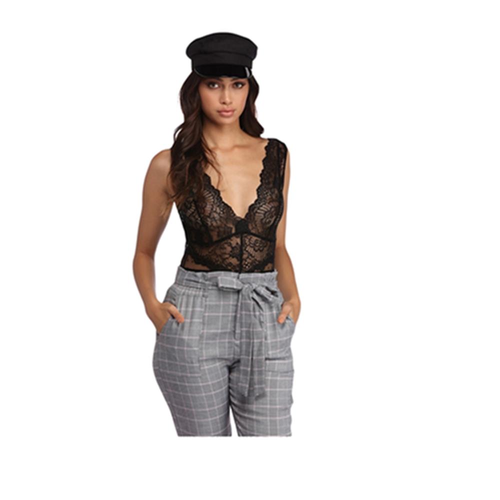 Black Scalloped Deep V Neck Lace Bodysuit LC32226-2 Size S - Black