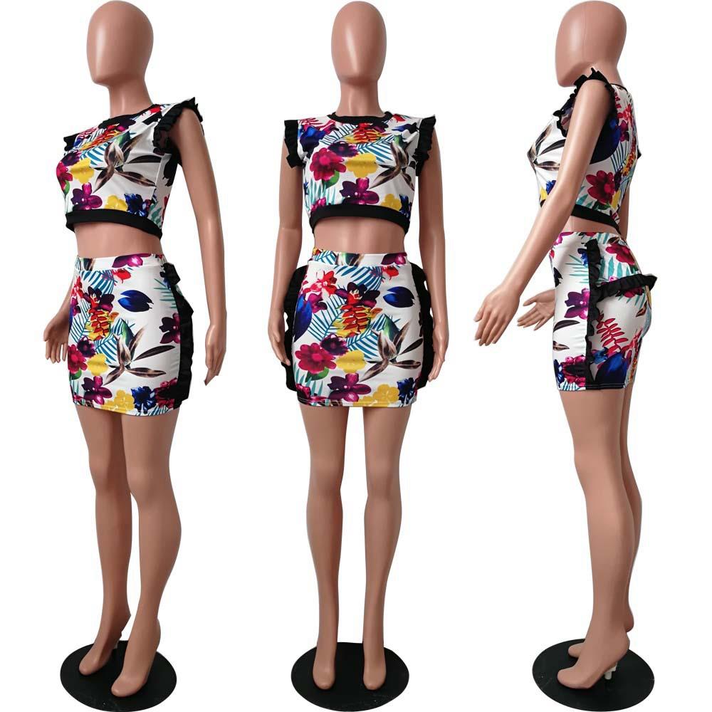 Sexy Floral Evening Party Sexy Dress Night Club Wear Charming Wraps Hip Clubwear 2 Pieces Suit Size XL - Color