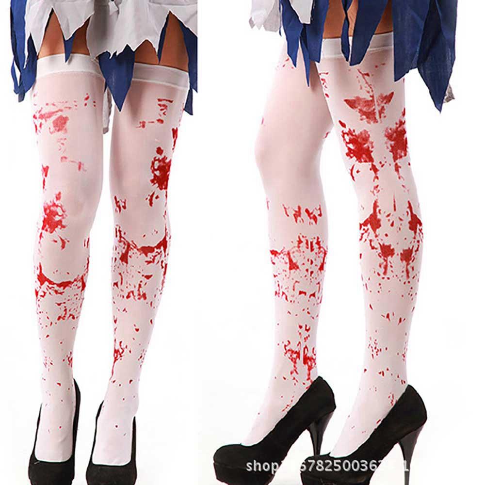 Halloween Costume Over The Knee Socks Fake Red Blood Stained Bloody White Horror 1 Pair