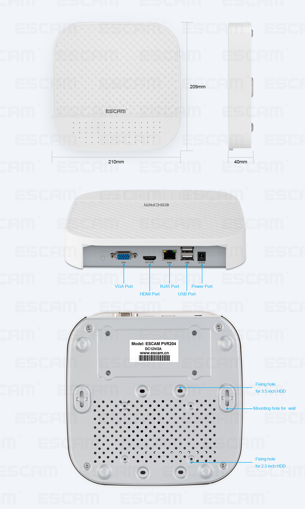 ESCAM PVR208 1080P 4+2CH ONVIF NVR with 2ch Cloud Channel For IP Camera System - White/UK Plug