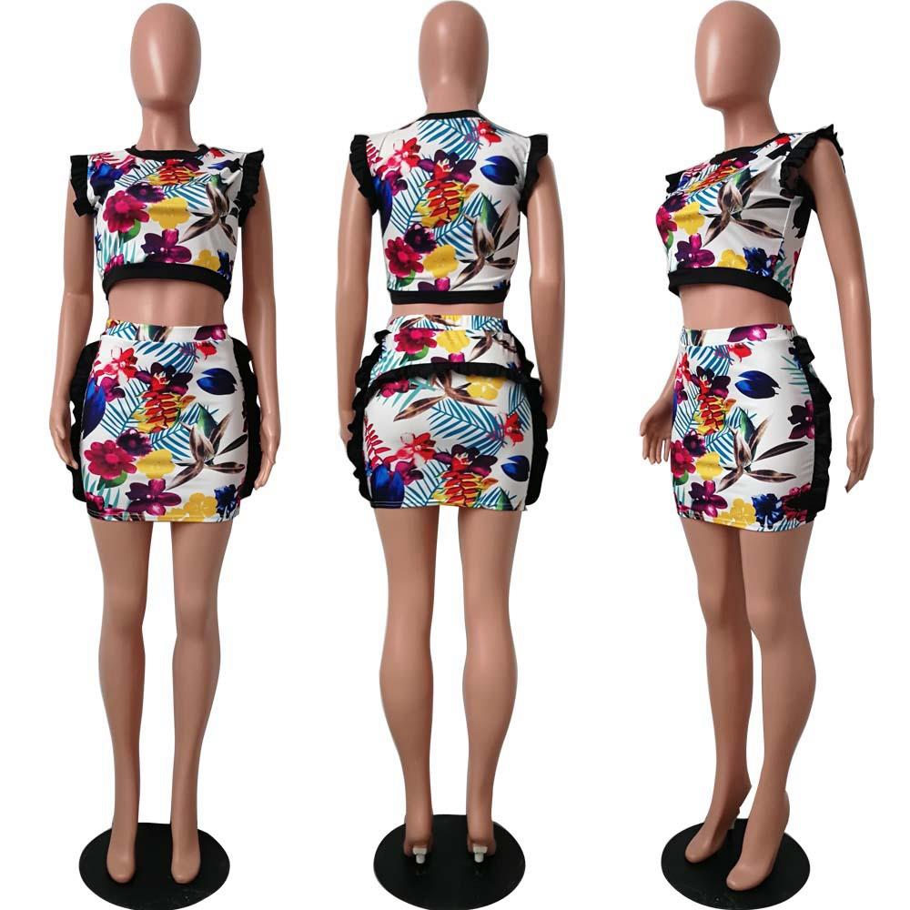 Sexy Floral Evening Party Sexy Dress Night Club Wear Charming Wraps Hip Clubwear 2 Pieces Suit Size XL - Color