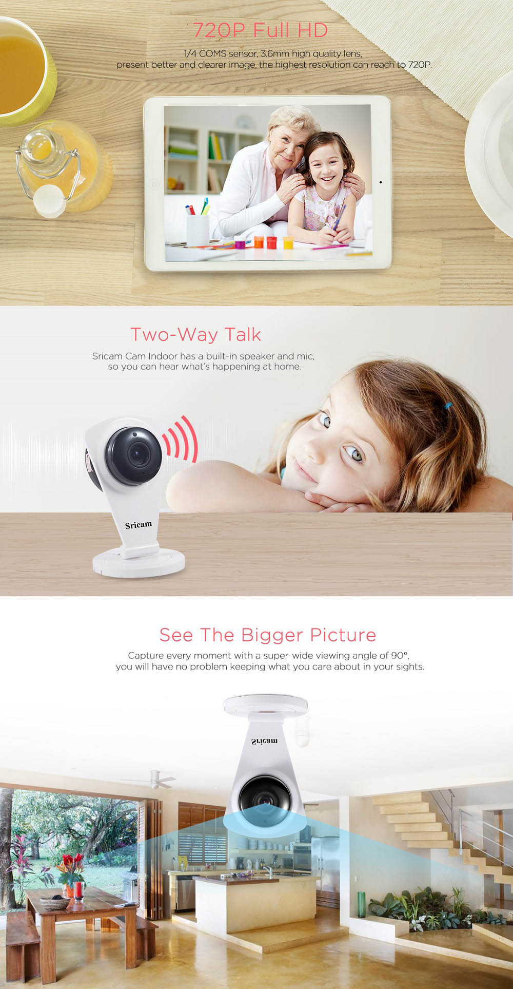 Sricam SP009C 720P Mini Wifi IP Camera with Onvif Infrared Night Vision IR-CUT Two-way audio Camera - White EU Plug
