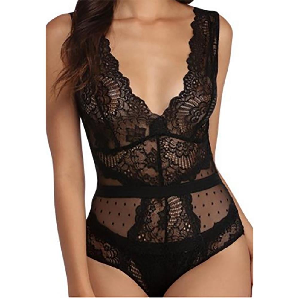 Black Scalloped Deep V Neck Lace Bodysuit LC32226-2 Size S - Black