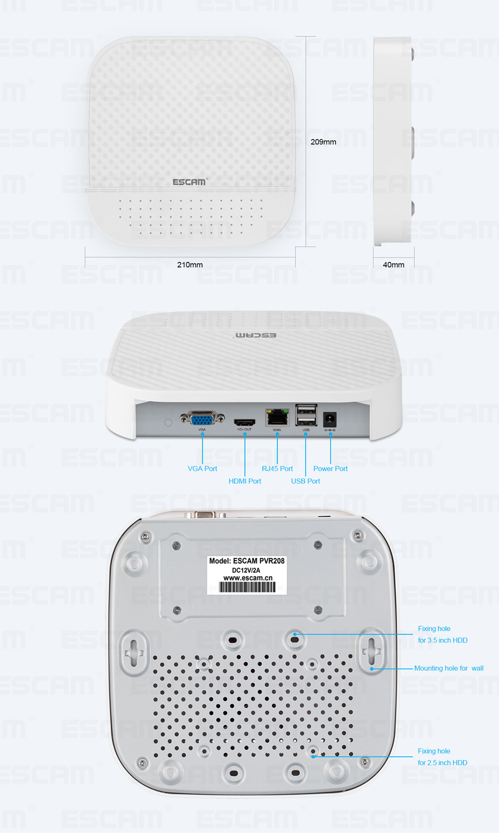 ESCAM PVR208 1080P 8+2CH ONVIF NVR with 2ch Cloud Channel For IP Camera System - White/US Plug