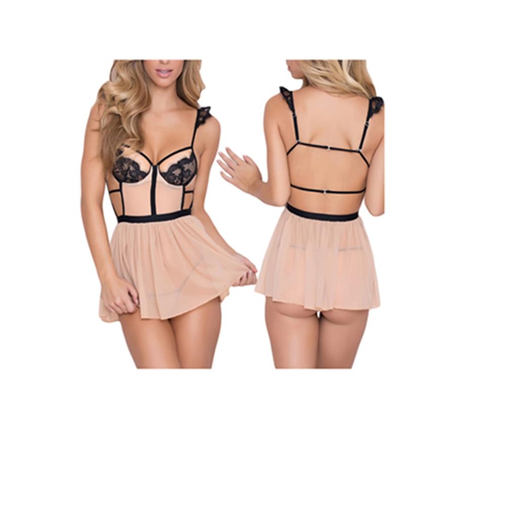 Nude Black Eyelash Lace Trim Babydoll with Thong LC31101-1 Size M - Nude