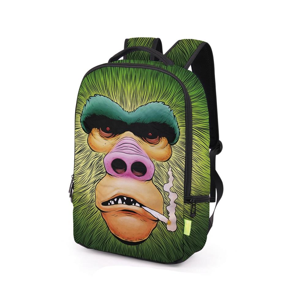 3D Creative Printed Smoking Monkey Pattern Men And Women Rucksack Travel Satchel Backpack - Green
