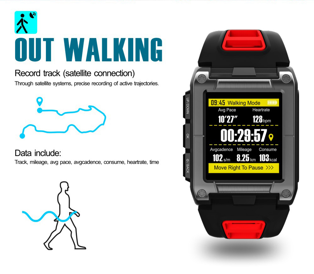 Makibes G08 2G Smartwatch MTK2503 GPS 9 Axis Swimming Lap Counter SMS Reminder Heart Rate Multi-mode Sports Monitoring - Red