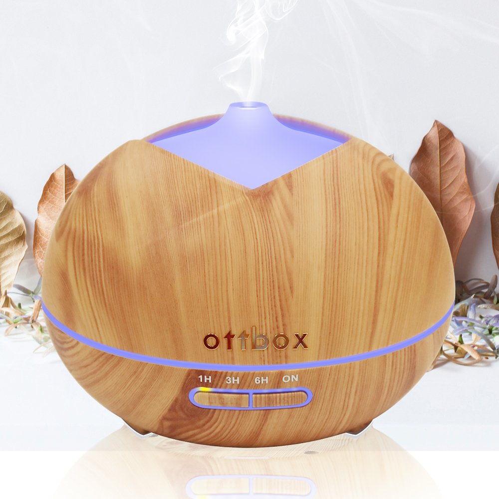 OTTBOX Multi-function Essential Oil Diffuser 450ml Waterless Auto Off 7 LED Lights Table Lamp for Children Home Yoga Office - Wood Grain