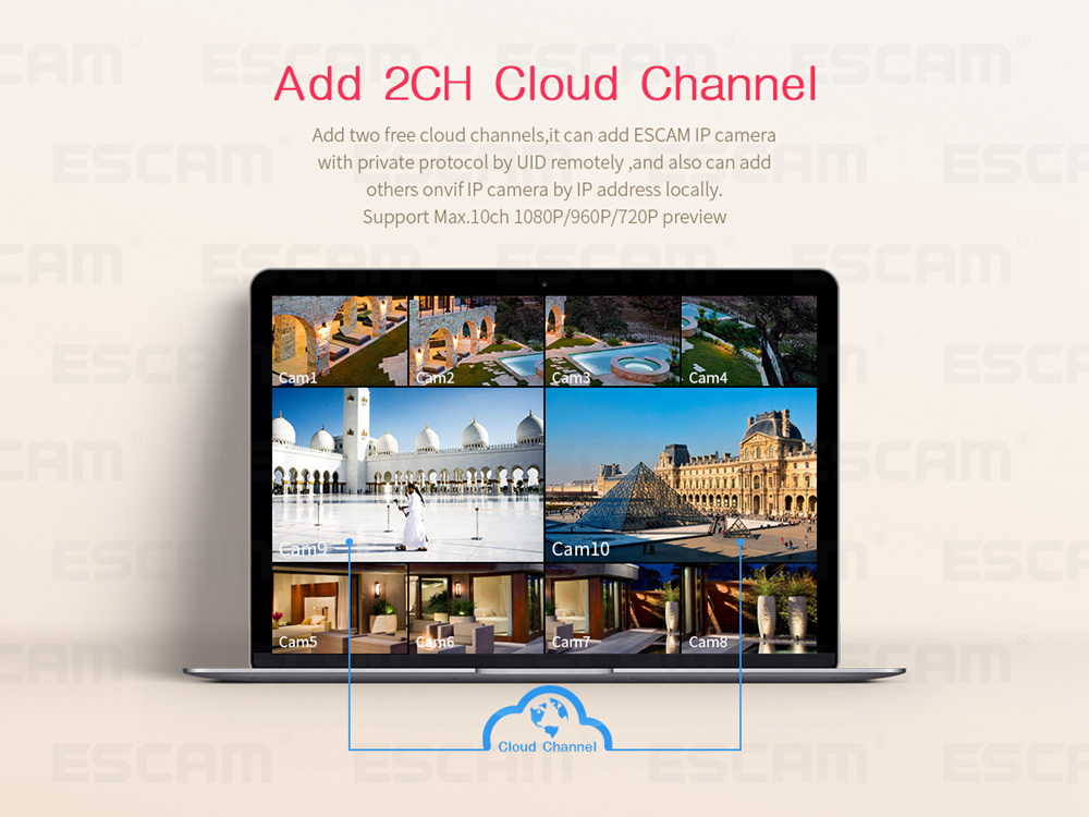 ESCAM PVR208 1080P 8+2CH ONVIF NVR with 2ch Cloud Channel For IP Camera System - White/US Plug