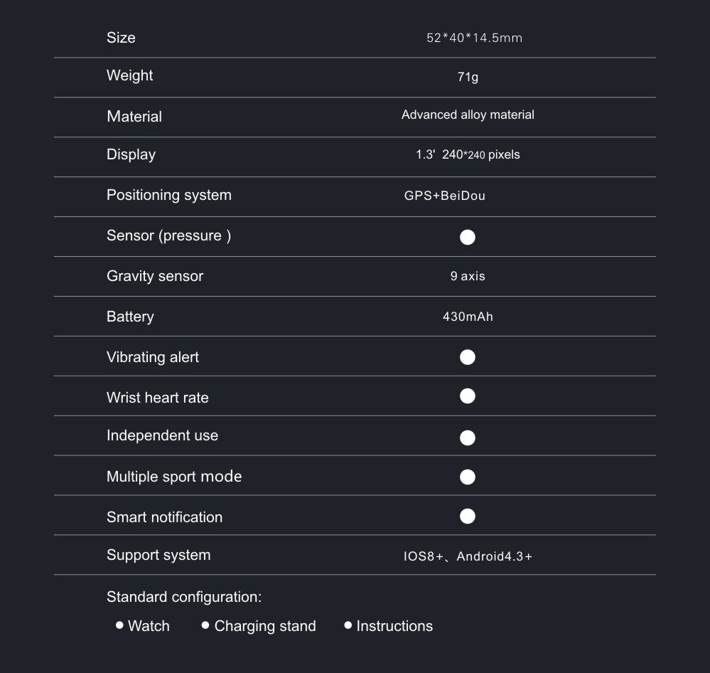 Makibes G08 2G Smartwatch MTK2503 GPS 9 Axis Swimming Lap Counter SMS Reminder Heart Rate Multi-mode Sports Monitoring - Gray