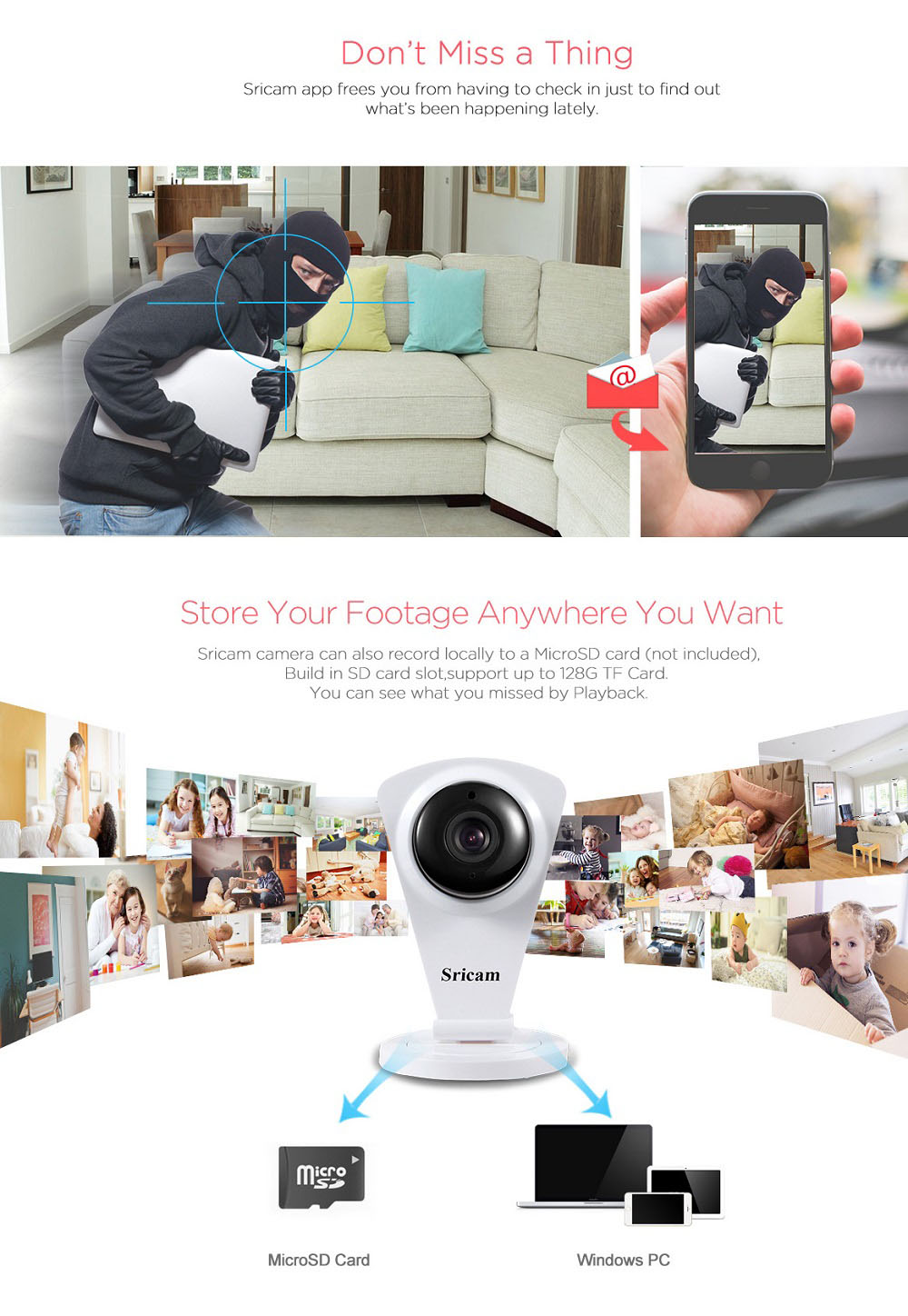 Sricam SP009C 720P Mini Wifi IP Camera with Onvif Infrared Night Vision IR-CUT Two-way audio Camera - White EU Plug