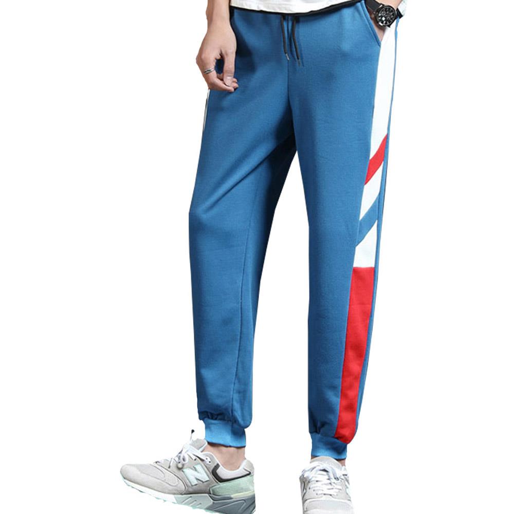 Men's Fashion Casual Loose Chemical Fiber Cotton Striped Comfortable Ankle Banded Pants Size XXL - Blue