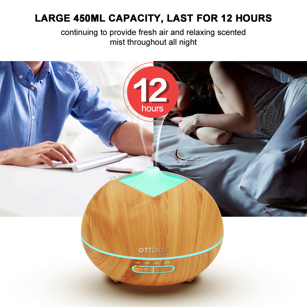 OTTBOX Multi-function Essential Oil Diffuser 450ml Waterless Auto Off 7 LED Lights Table Lamp for Children Home Yoga Office - Wood Grain