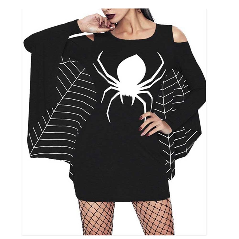 Women Sexy Halloween Uniform Spider Print Open Shoulder Bat Long Sleeve Party Stage Suit Size XXL - Black