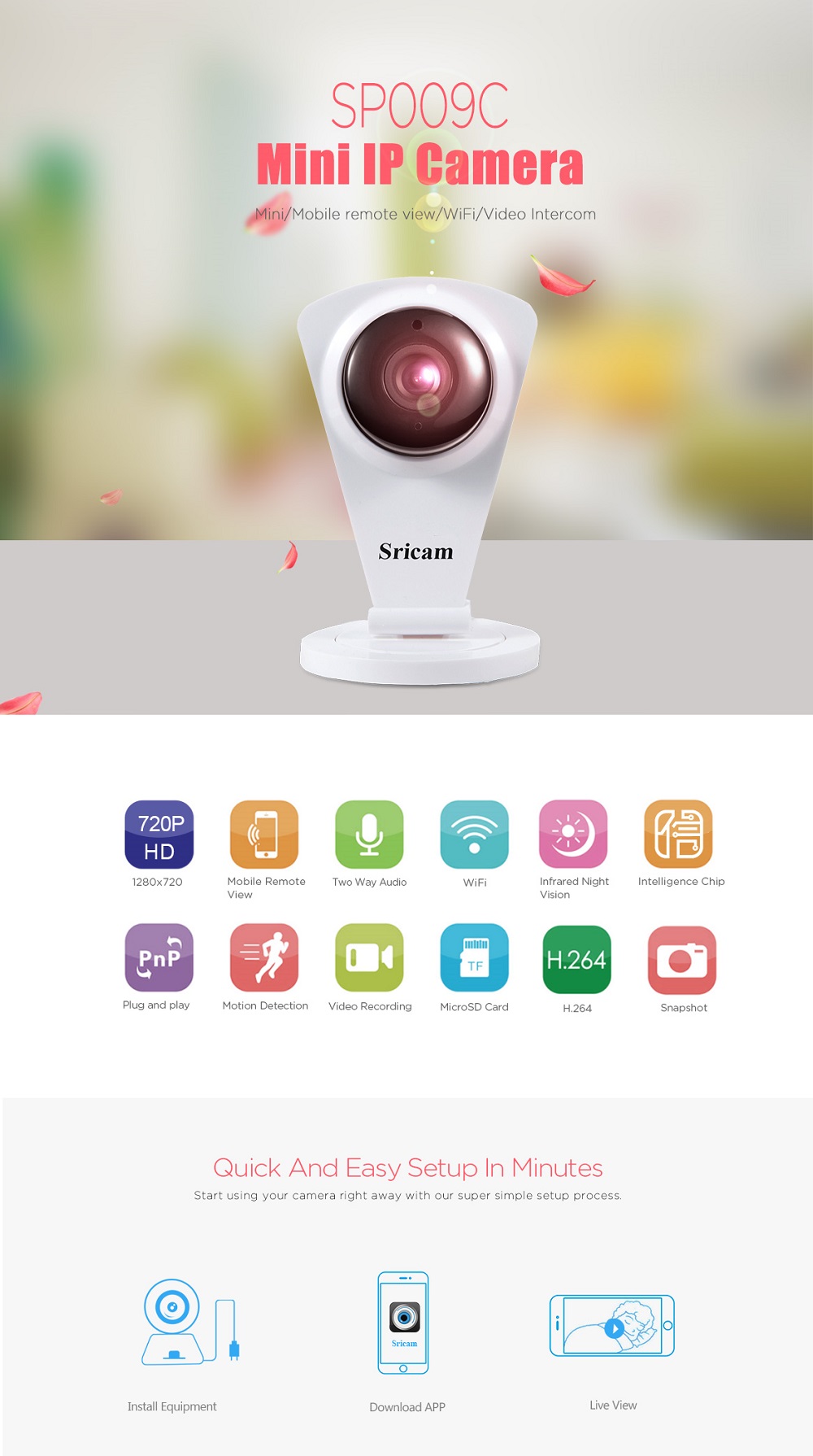 Sricam SP009C 720P Mini Wifi IP Camera with Onvif Infrared Night Vision IR-CUT Two-way audio Camera - White EU Plug