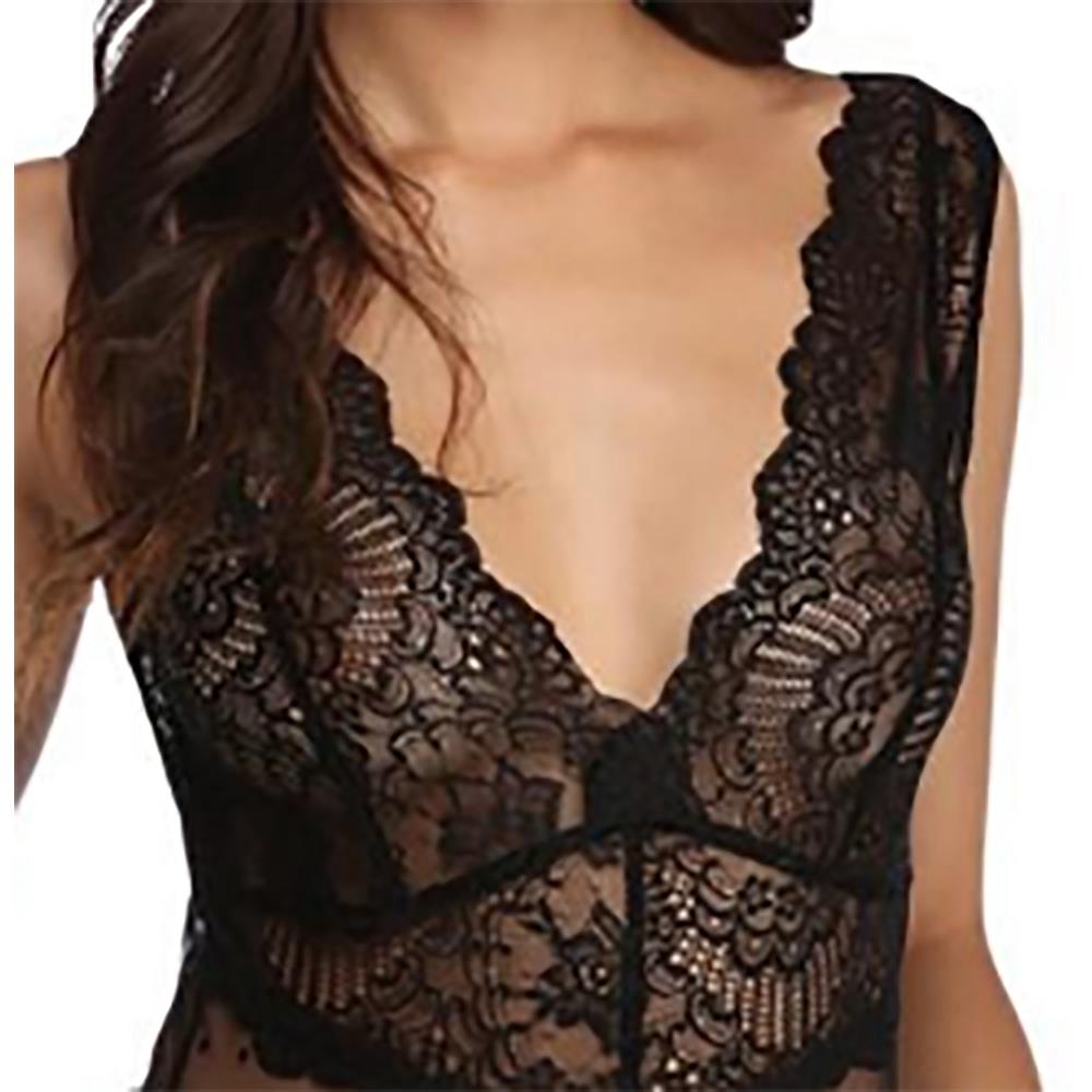 Black Scalloped Deep V Neck Lace Bodysuit LC32226-2 Size S - Black