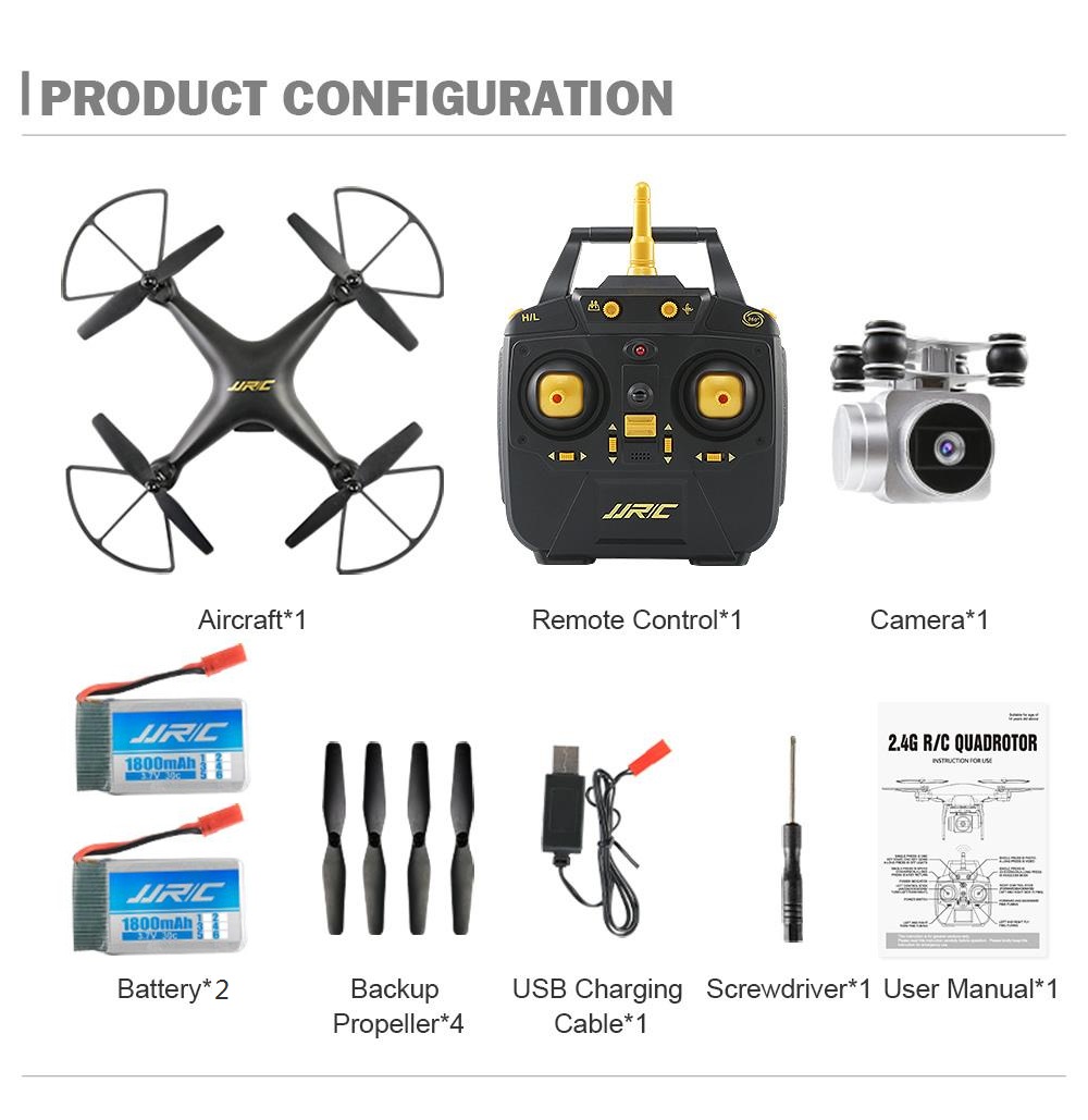JJRC H68 BELLWETHER WiFi FPV RC Drone Max Flight Time 20mins with 720P HD Camera Altitude Hold Mode Black - Two Battery